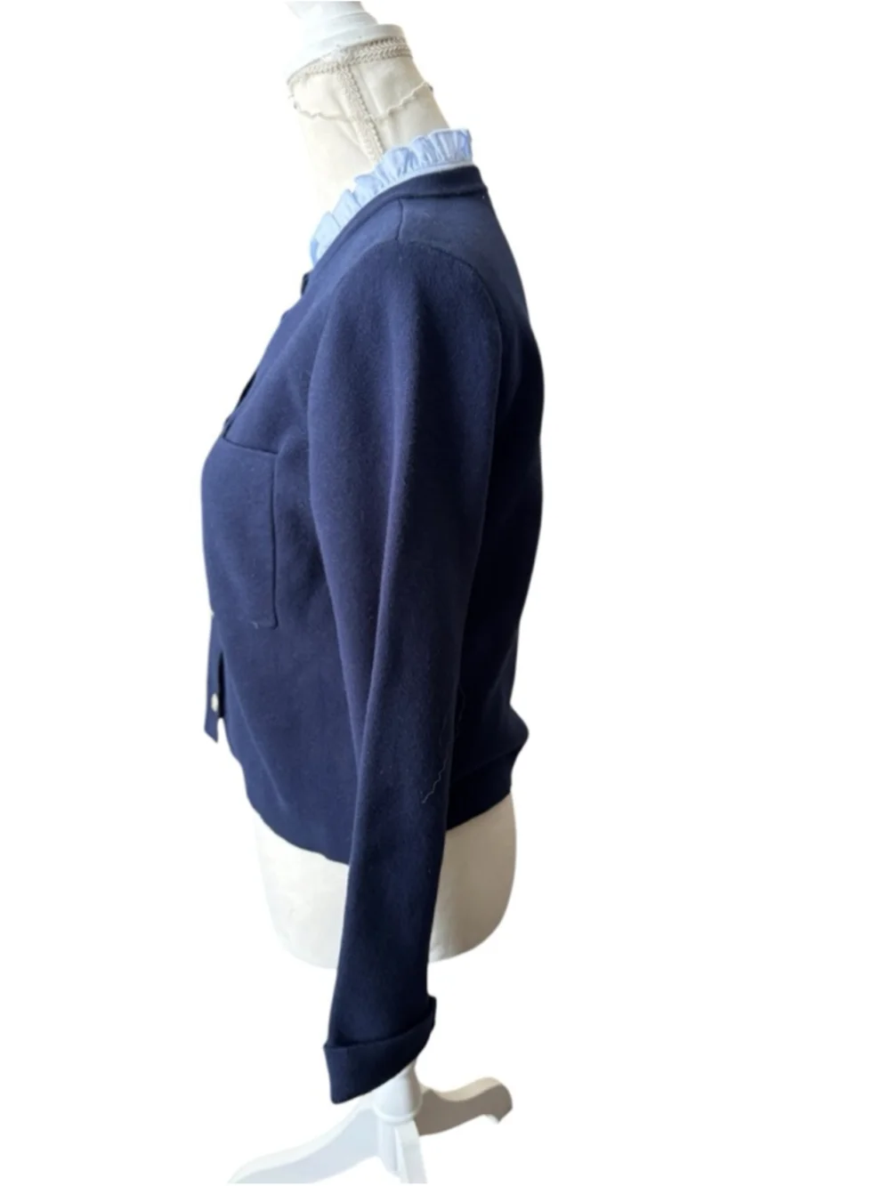 Women's LOFT Navy Cardigan with Light Blue Ruffle Collar M